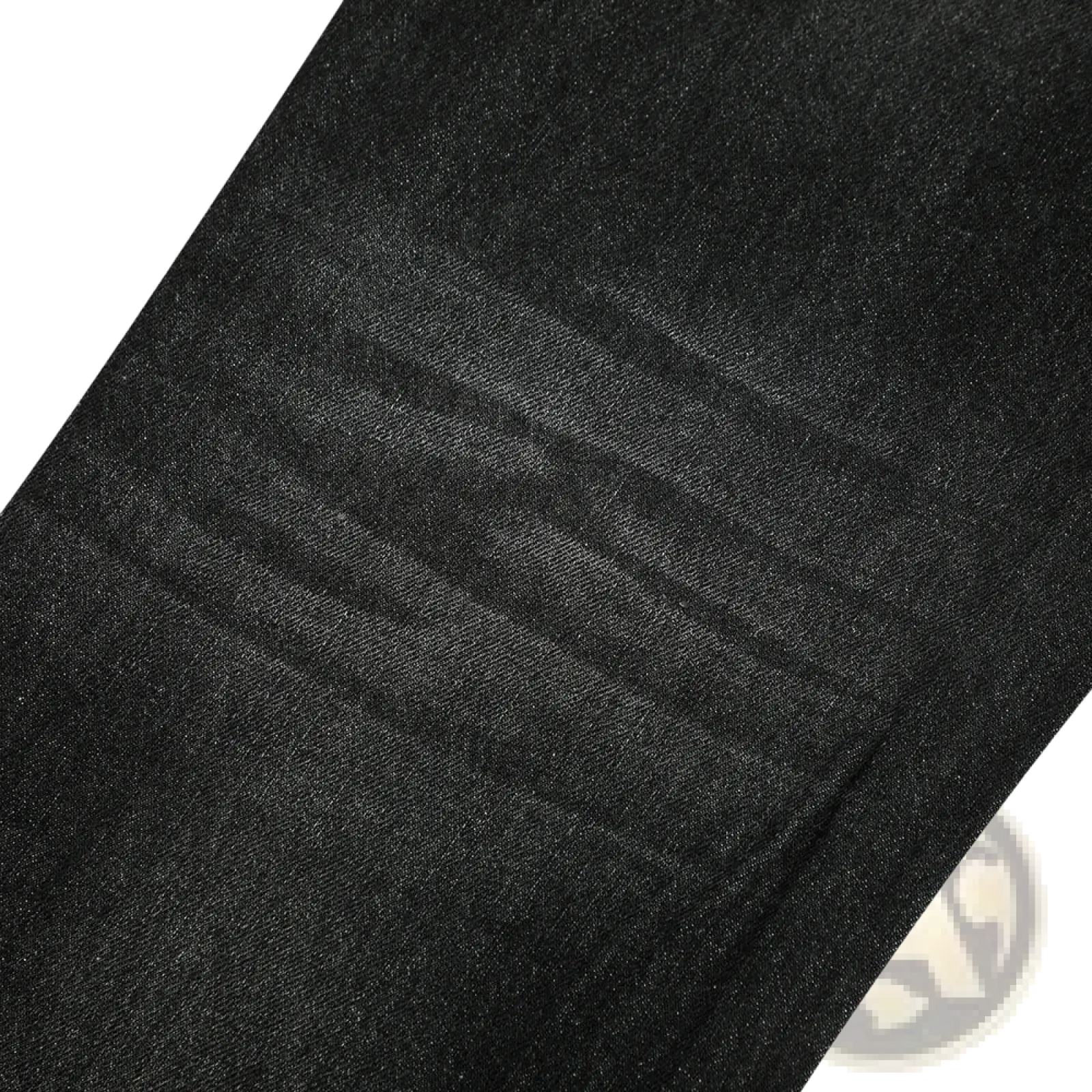 Men’s distressed flare leg dark wash denim jeans in black denim fabric with subtle texture and faint horizontal stitching lines