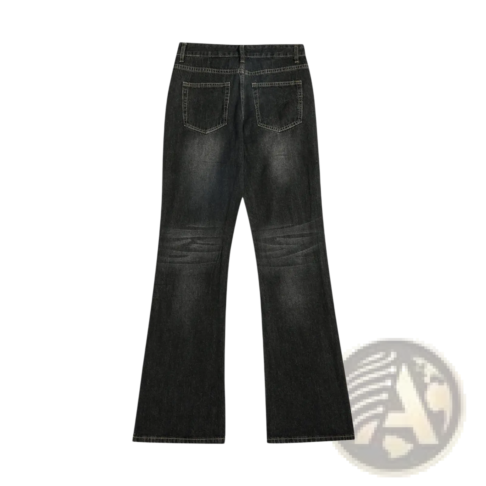 Men’s distressed flare leg dark wash denim jeans in black with faded wash and subtle whiskering details