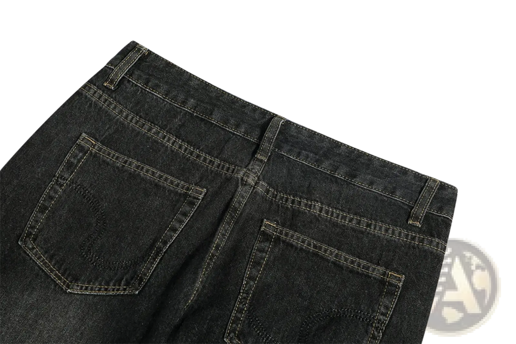 Back side of men’s distressed flare leg dark wash denim jeans with classic back pocket design and visible stitching