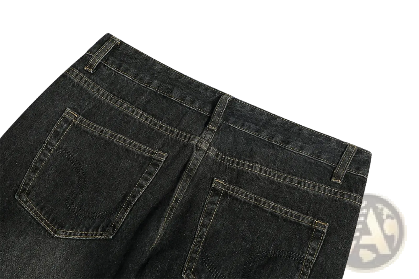 Back side of men’s distressed flare leg dark wash denim jeans with classic back pocket design and visible stitching