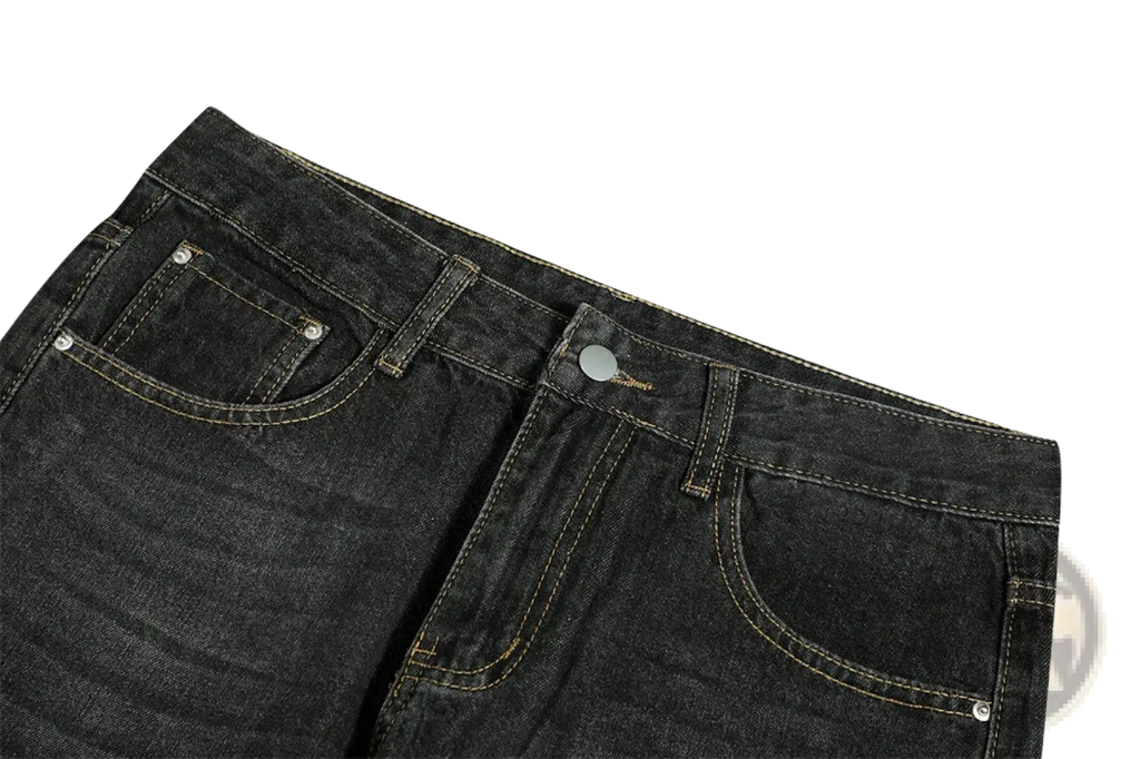 Men’s distressed flare leg dark wash denim jeans with contrasting light stitching and silver-toned button