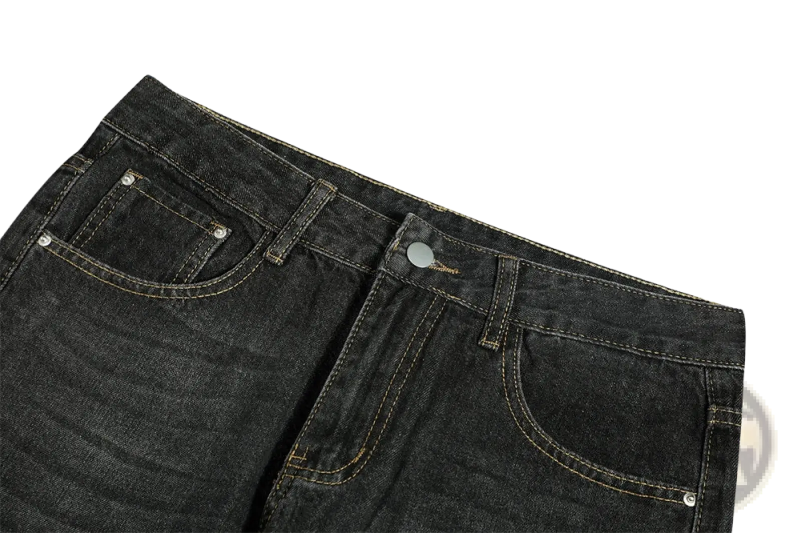 Men’s distressed flare leg dark wash denim jeans with contrasting light stitching and silver-toned button