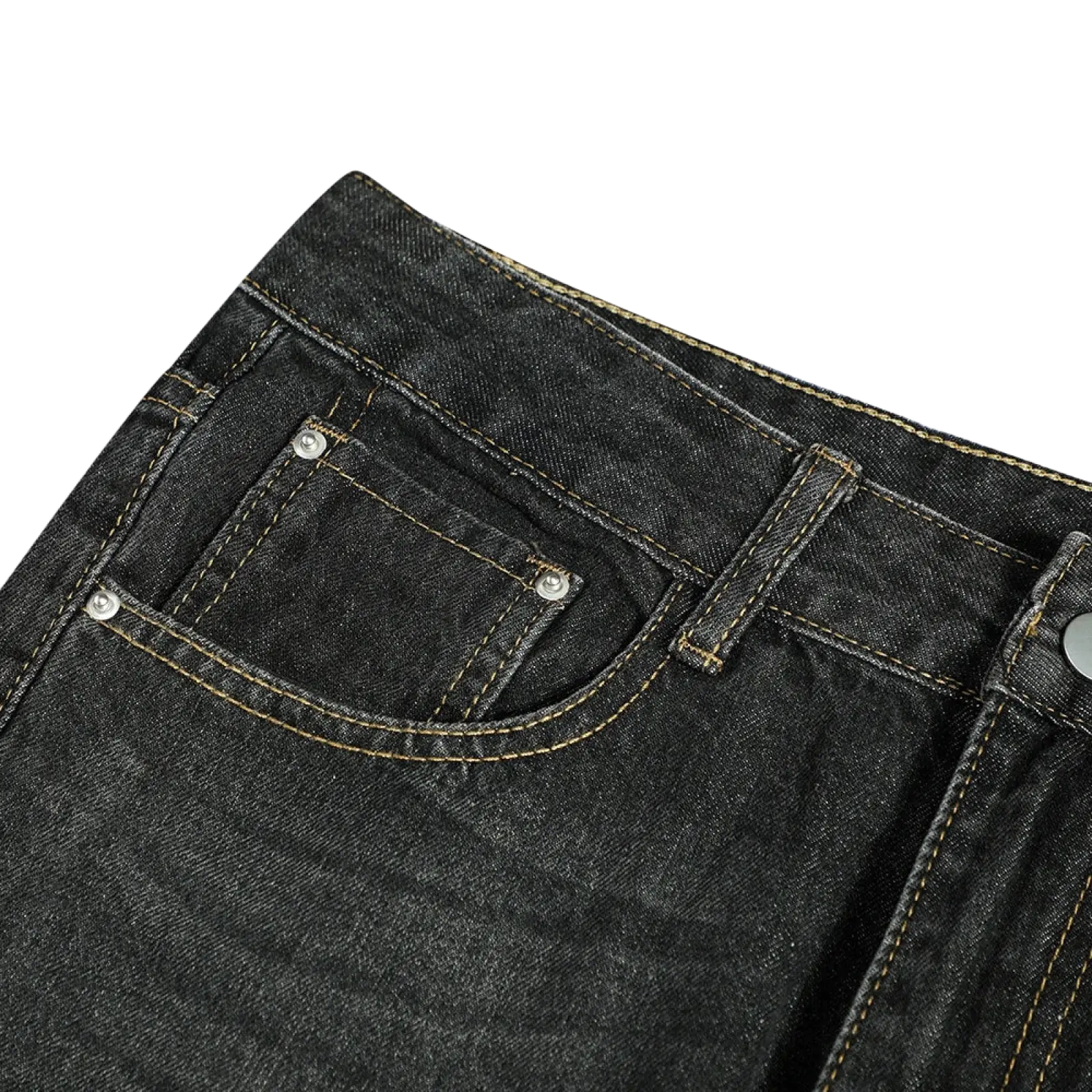 Men’s distressed flare leg dark wash denim jeans with contrasting light yellow stitching and silver metal rivets