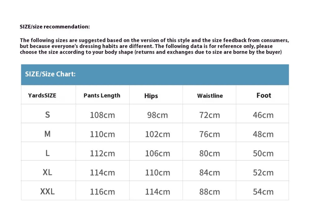 Size chart for men’s distressed flare leg dark wash denim jeans showing pants measurements in centimeters s to XXL