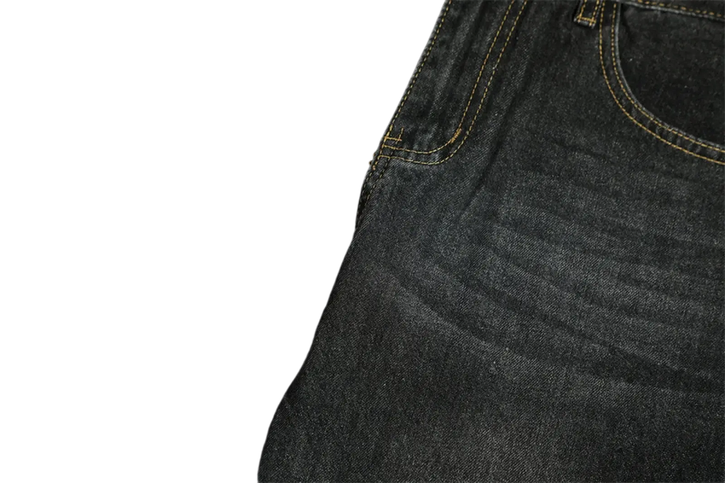 Men’s distressed flare leg dark wash denim jeans with subtle fading and contrasting yellow stitching along seams