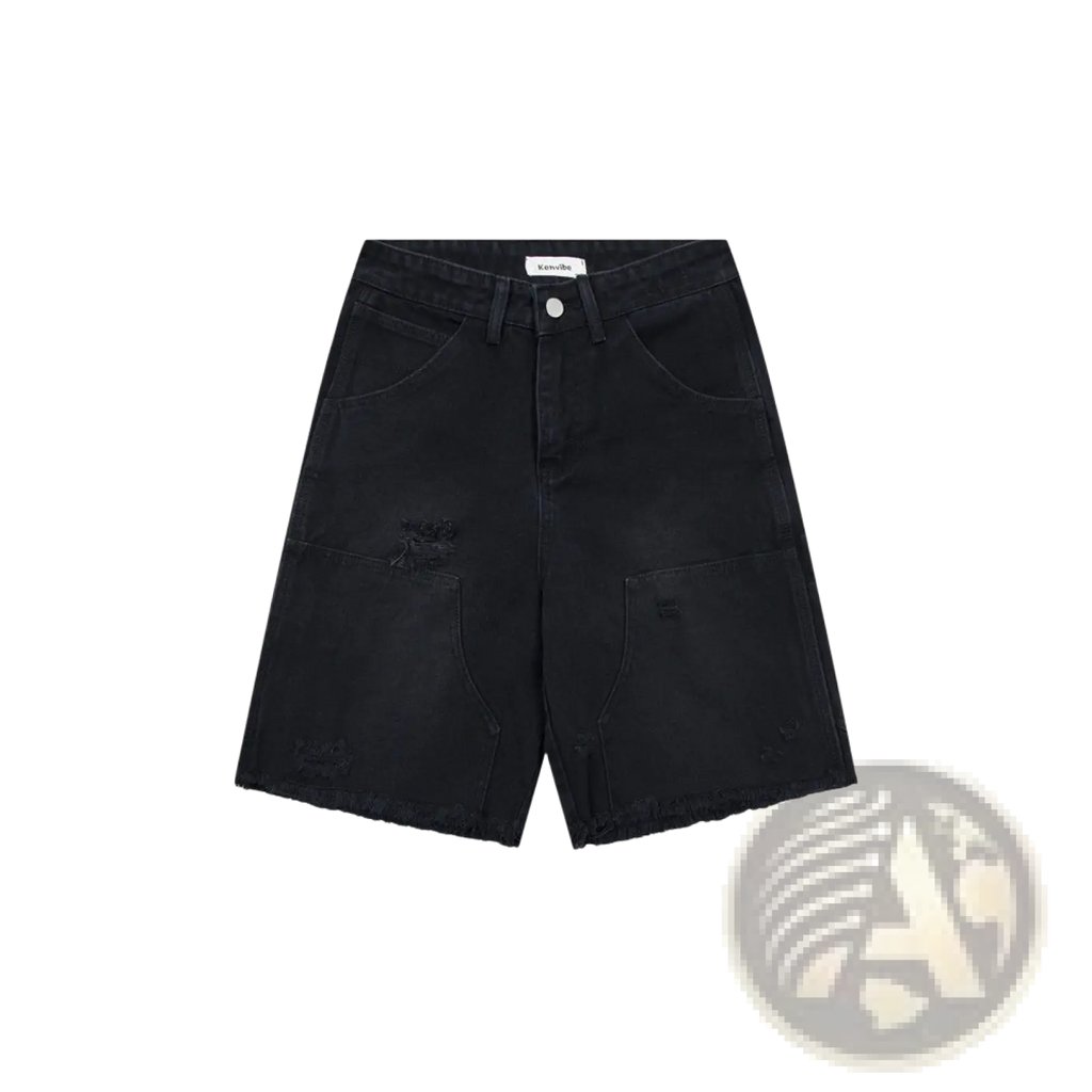 Men’s black distressed frayed hem denim shorts featuring distressed patches and frayed hems in black denim