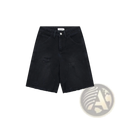 Men’s black distressed frayed hem denim shorts featuring distressed patches and frayed hems in black denim