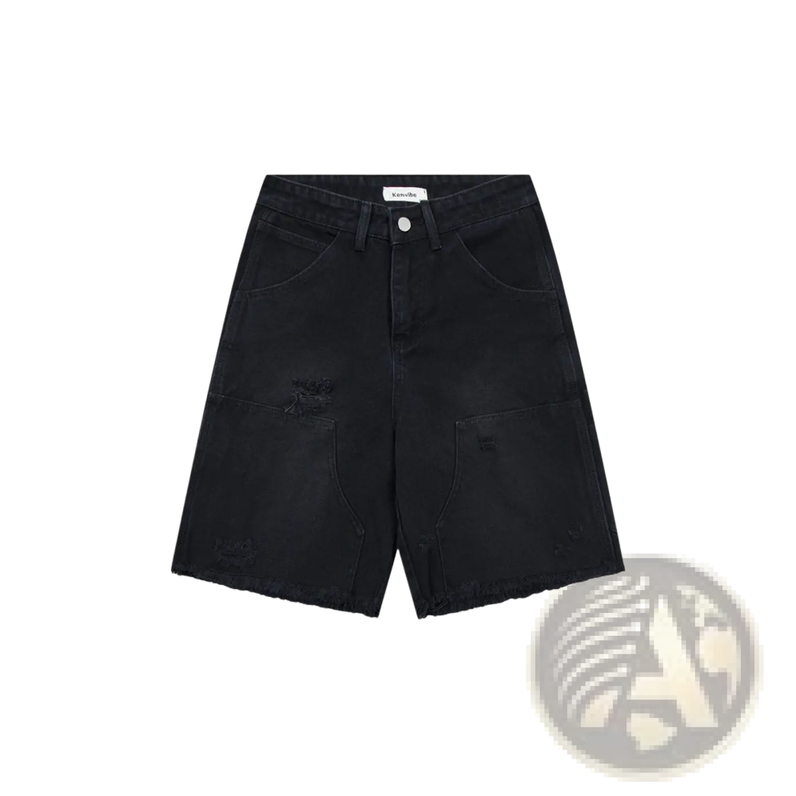 Men’s black distressed frayed hem denim shorts featuring distressed patches and frayed hems in black denim