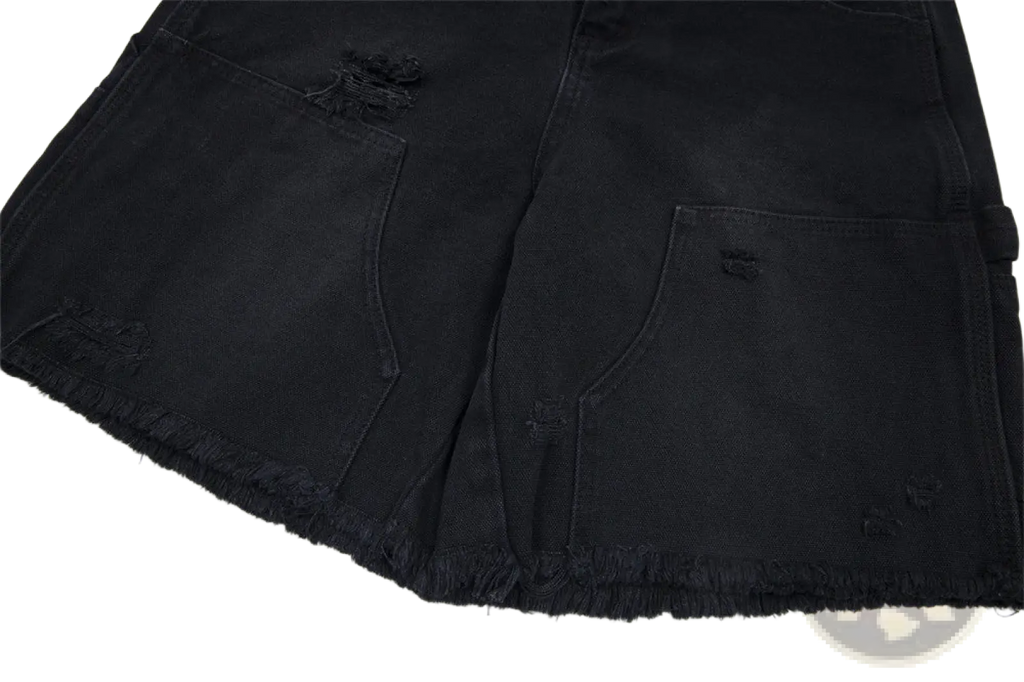 Men’s black distressed denim shorts with frayed hem and ripped details for a casual summer look