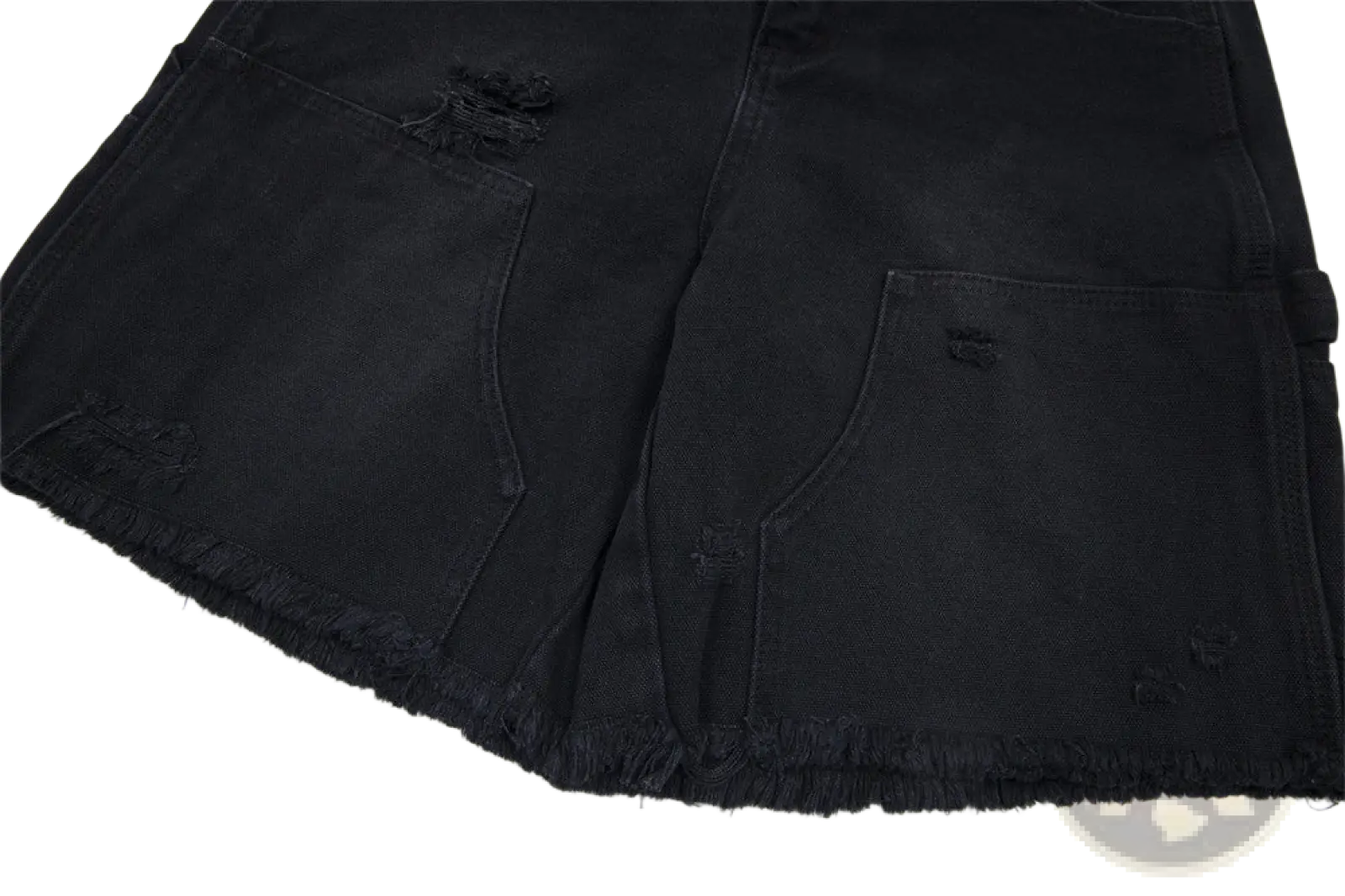Men’s black distressed denim shorts with frayed hem and ripped details for a casual summer look