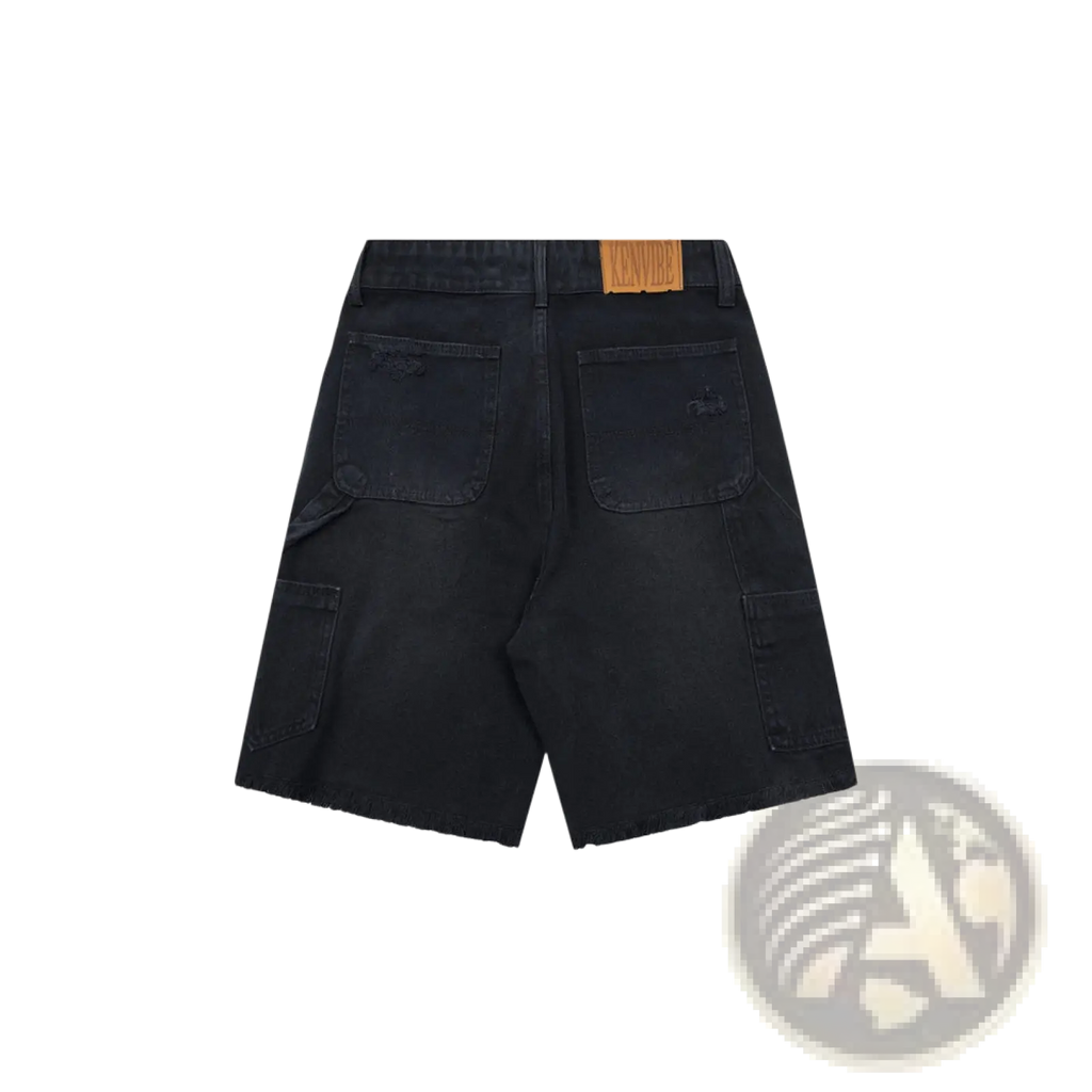 Men’s distressed frayed hem black denim shorts featuring multiple pockets and a casual worn look