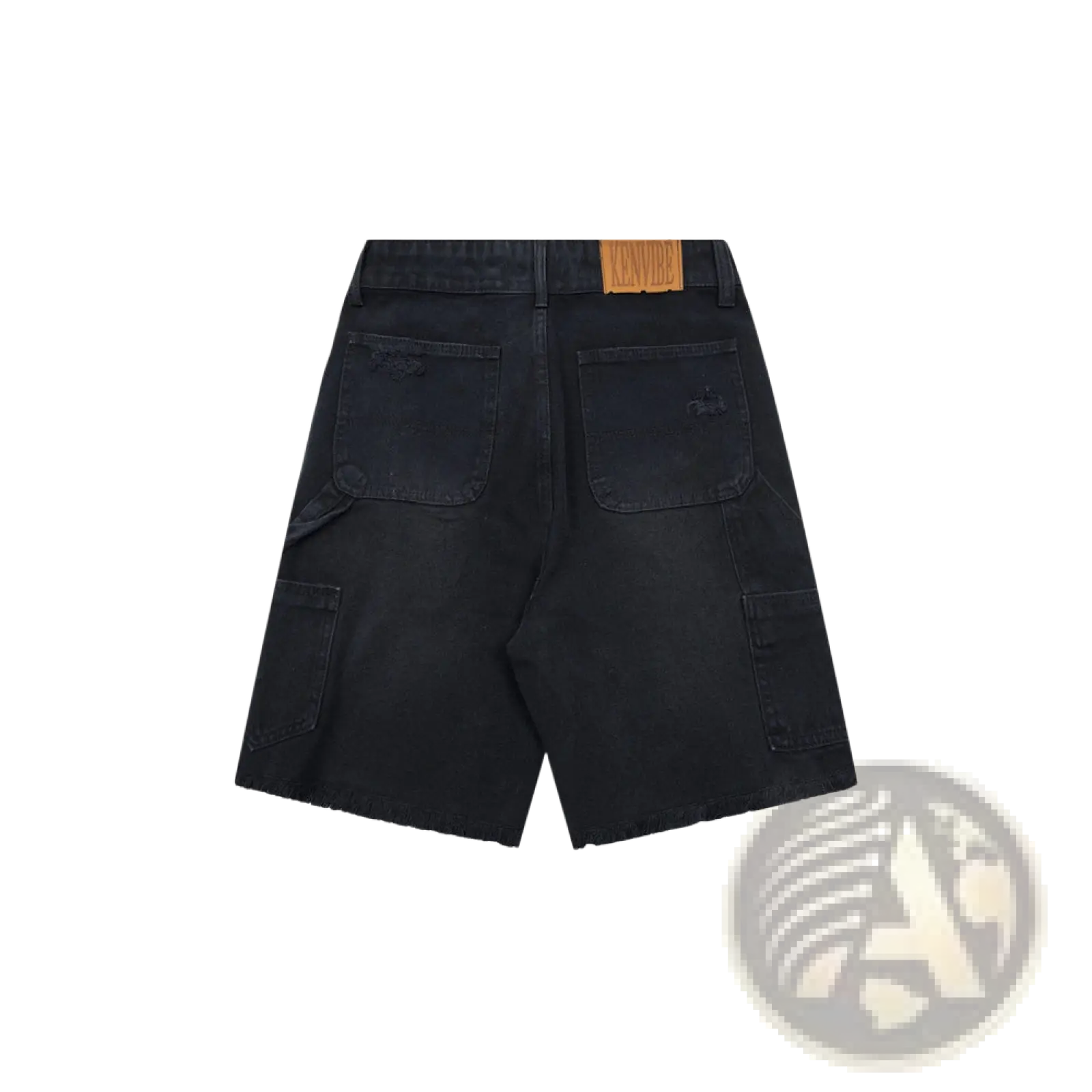 Men’s distressed frayed hem black denim shorts featuring multiple pockets and a casual worn look