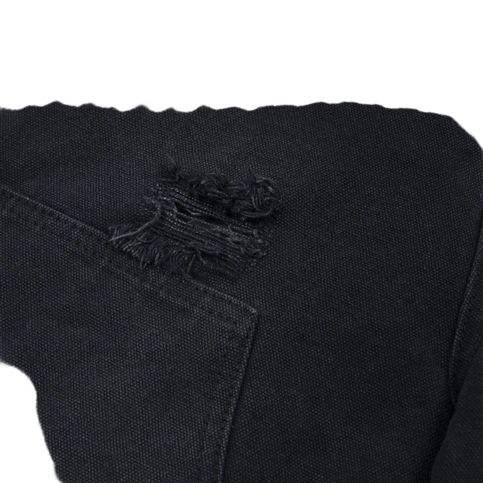 Men’s black denim shorts with distressed frayed hem and a frayed tear near the pocket in black denim fabric