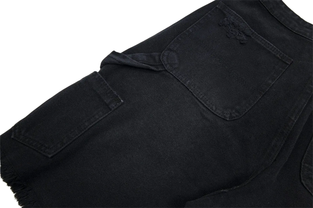 Men’s black denim shorts with distressed pocket detailing and frayed hem made from durable denim material