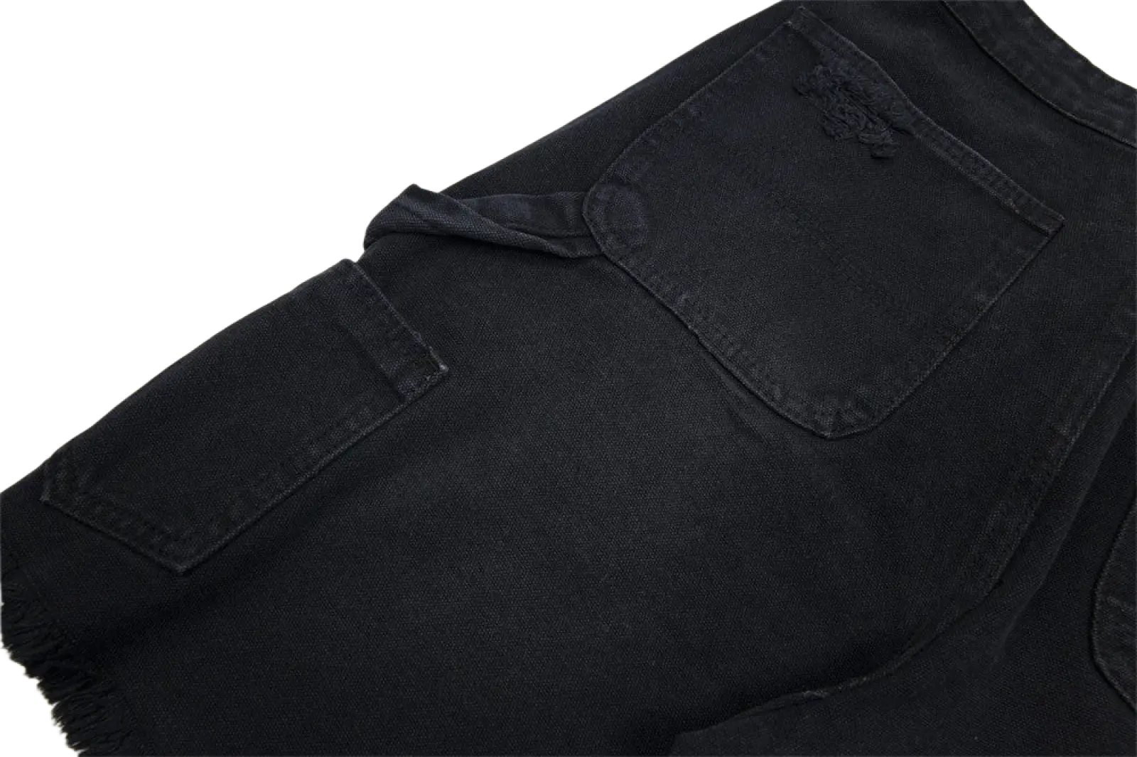 Men’s black denim shorts with distressed pocket detailing and frayed hem made from durable denim material