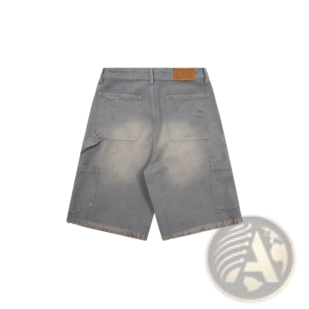 Men’s distressed frayed hem gray denim shorts with faded wash and multiple pockets for casual wear