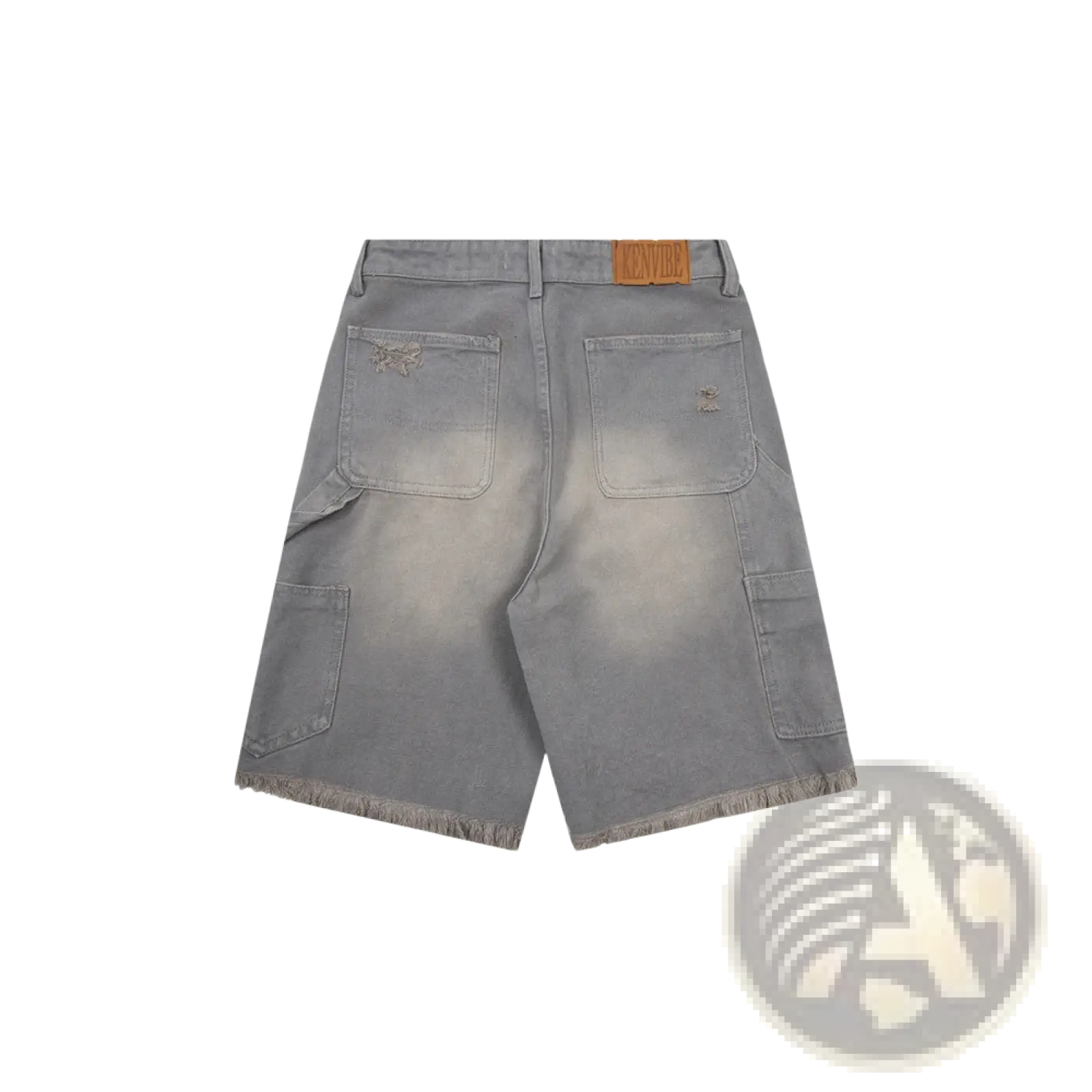 Men’s distressed frayed hem gray denim shorts with faded wash and multiple pockets for casual wear