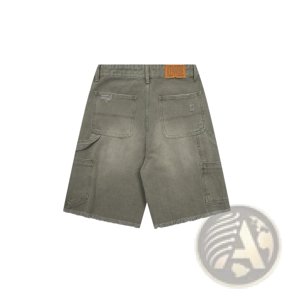 Men’s olive green distressed frayed hem denim shorts with multiple pockets for casual wear