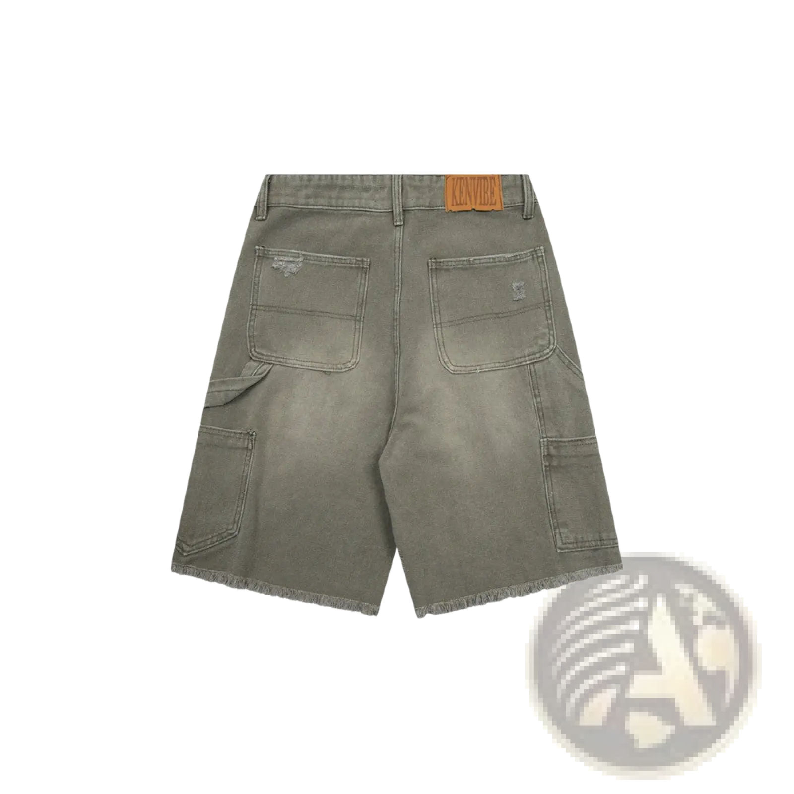 Men’s olive green distressed frayed hem denim shorts with multiple pockets for casual wear