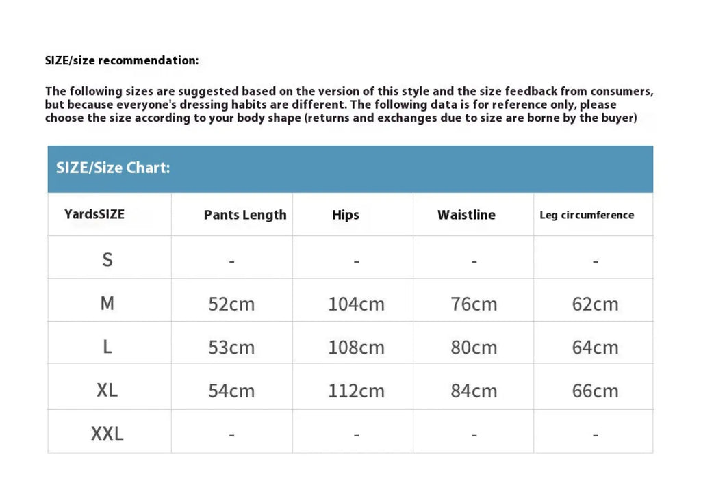 Size chart for men’s distressed frayed hem denim shorts showing pant measurements in centimeters s to xxl