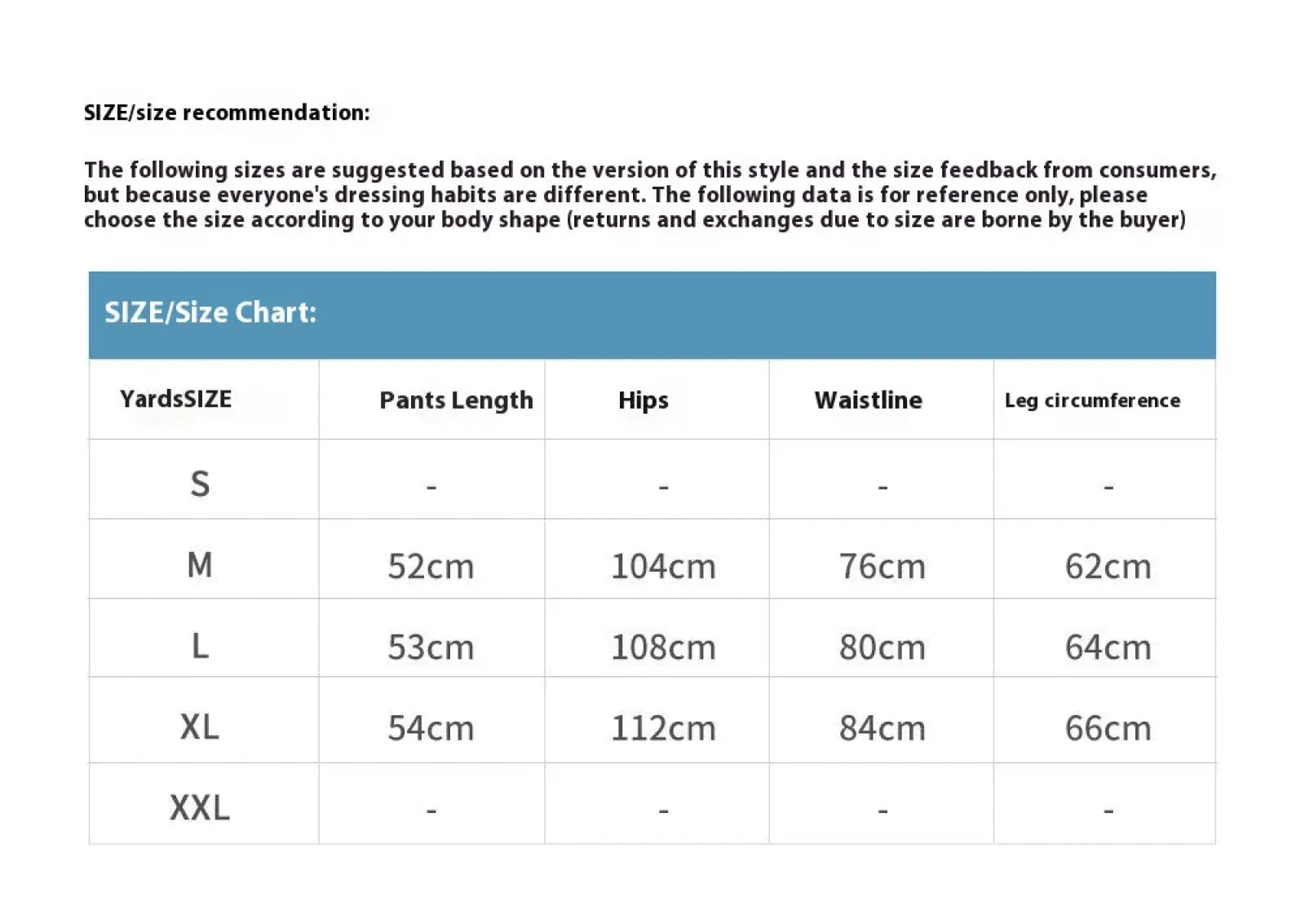 Size chart for men’s distressed frayed hem denim shorts showing pant measurements in centimeters s to xxl