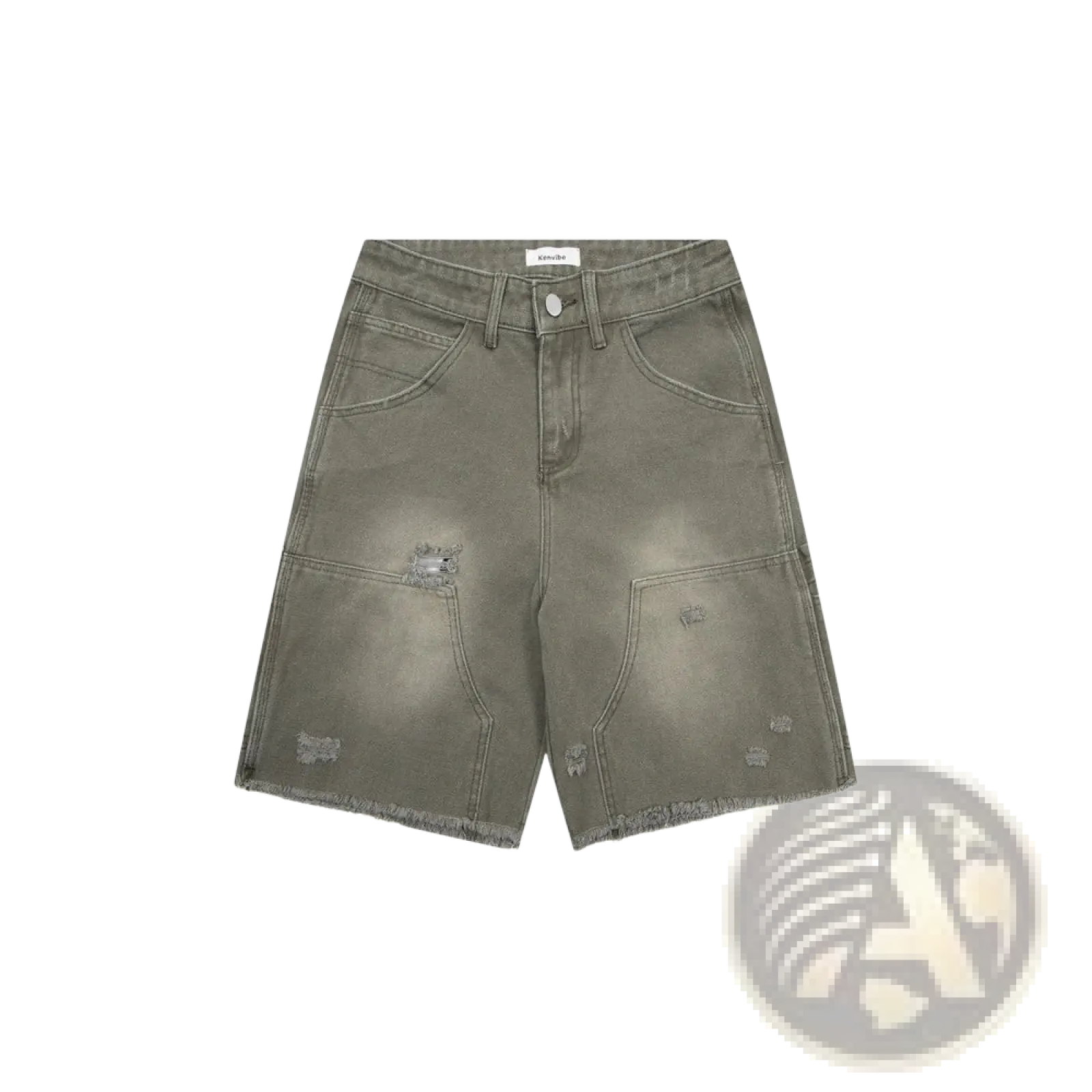 Men’s olive green distressed denim shorts with frayed hem and patch pockets for casual wear