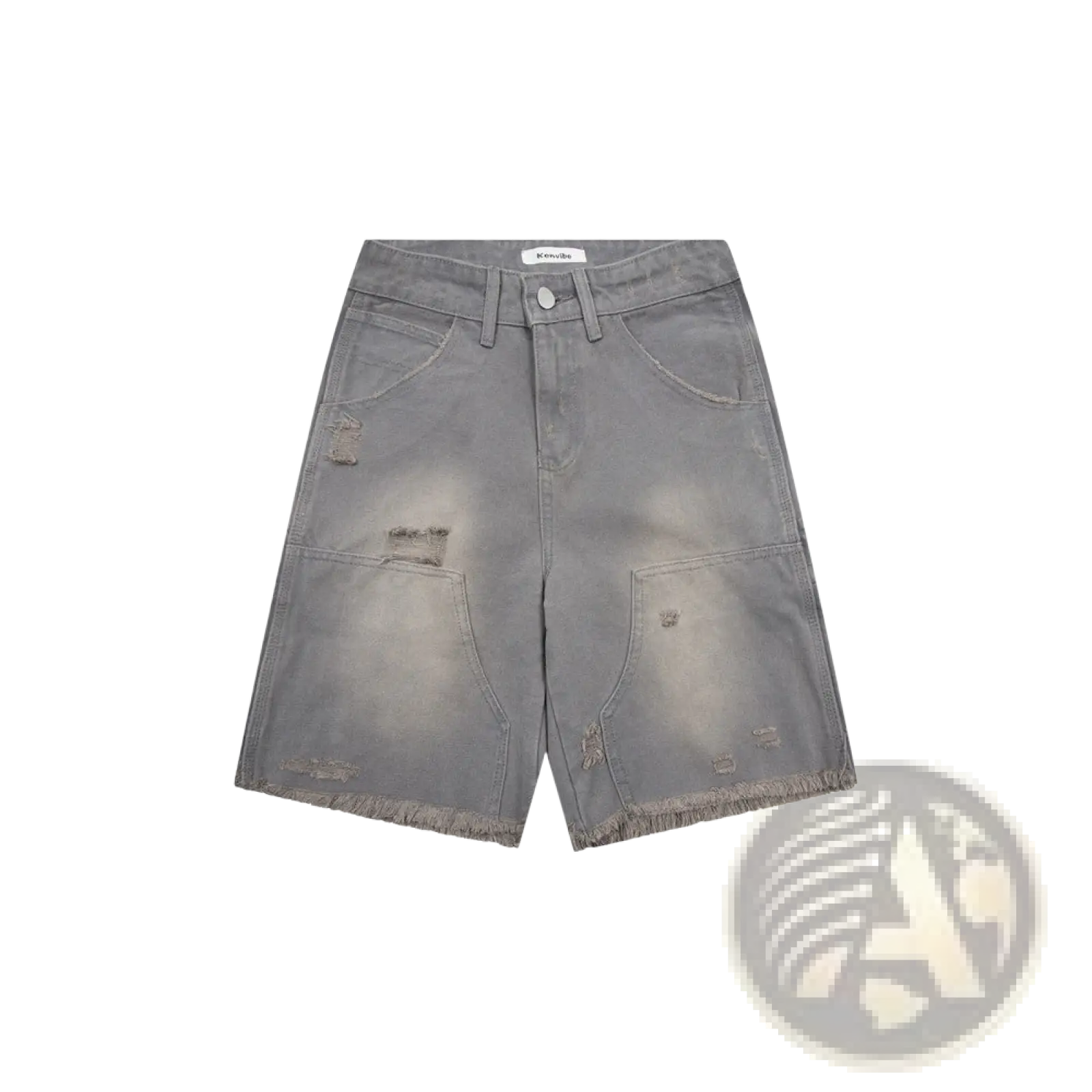 Men’s gray distressed denim shorts with frayed hems and multiple patch pockets for casual wear