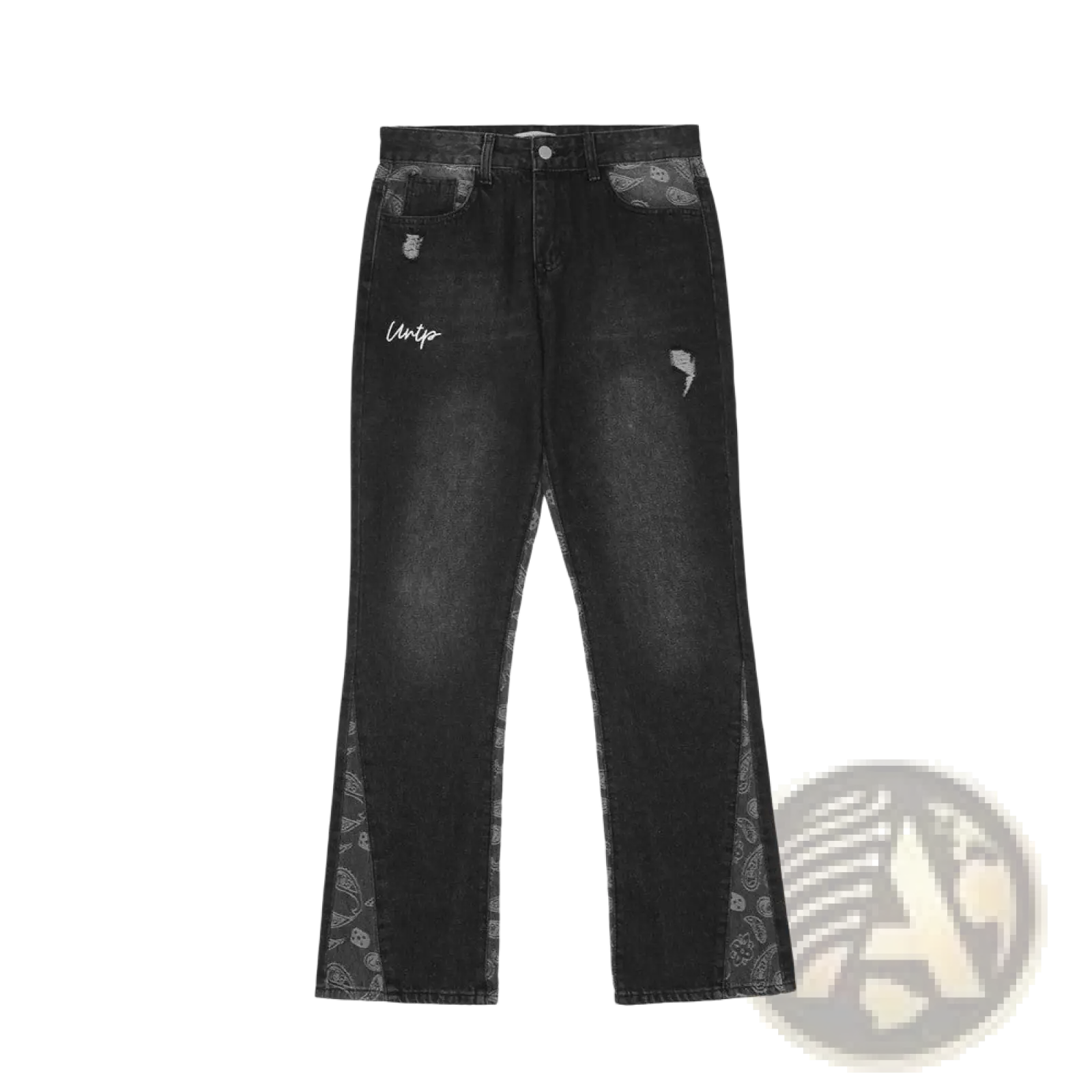 Men’s black denim distressed paisley patchwork flare jeans with bandana side panels and white uniq logo on the thigh