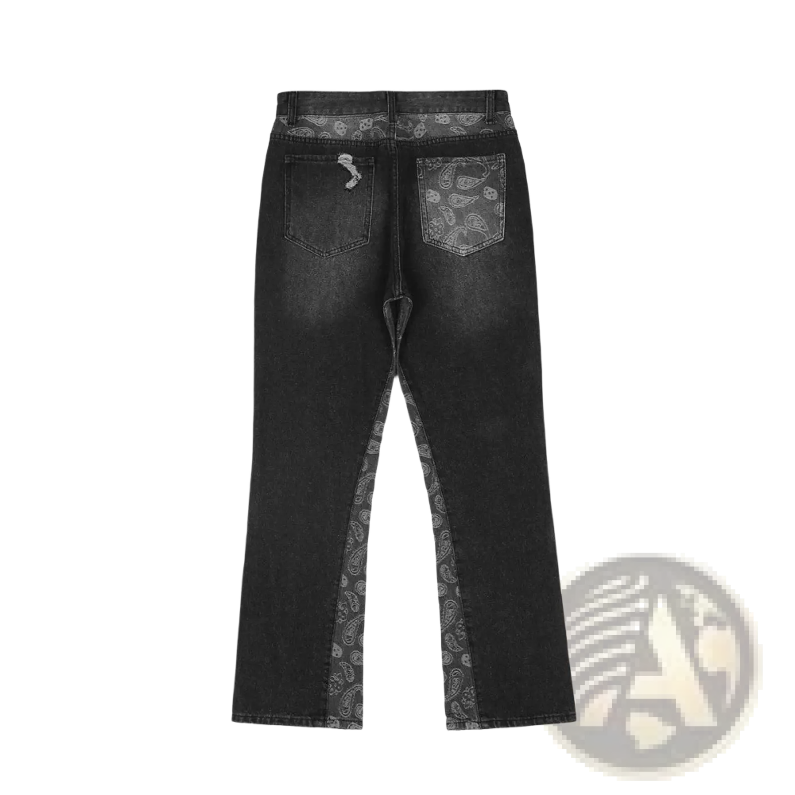 Men’s black denim distressed paisley patchwork flare jeans showing faded wash with paisley side panels and back pockets
