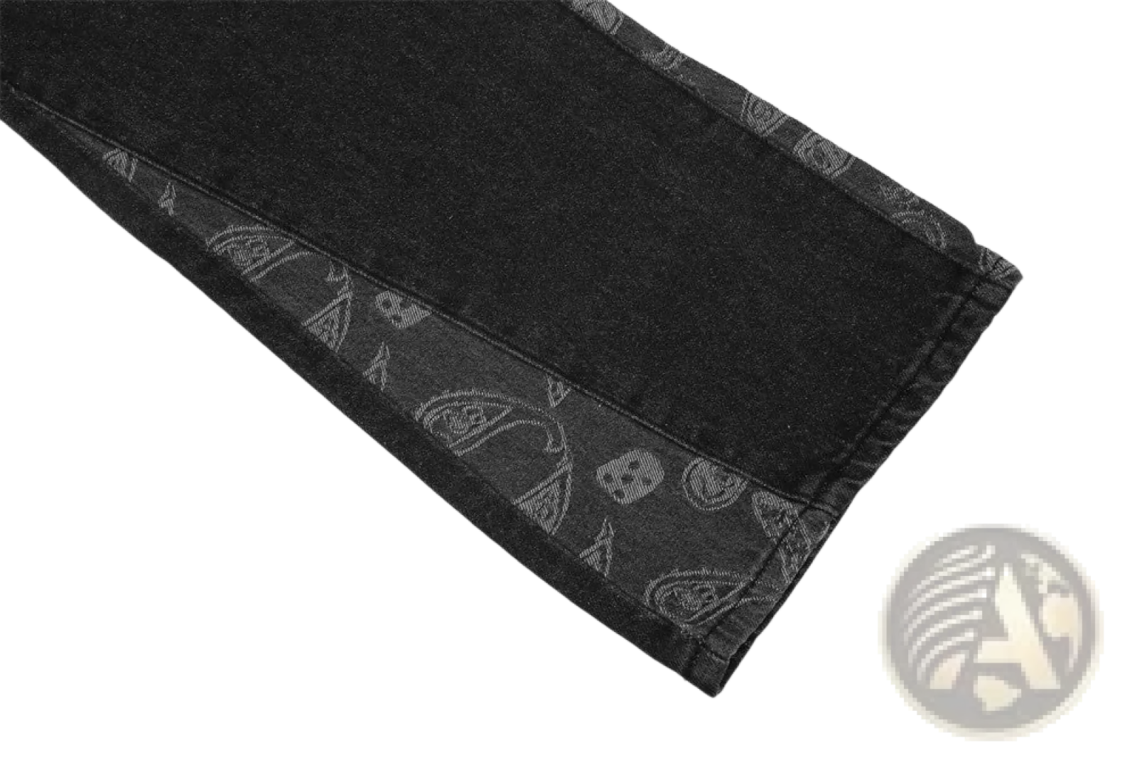 Men’s black denim distressed paisley patchwork flare jeans with subtle gray skull and paisley pattern on side seam