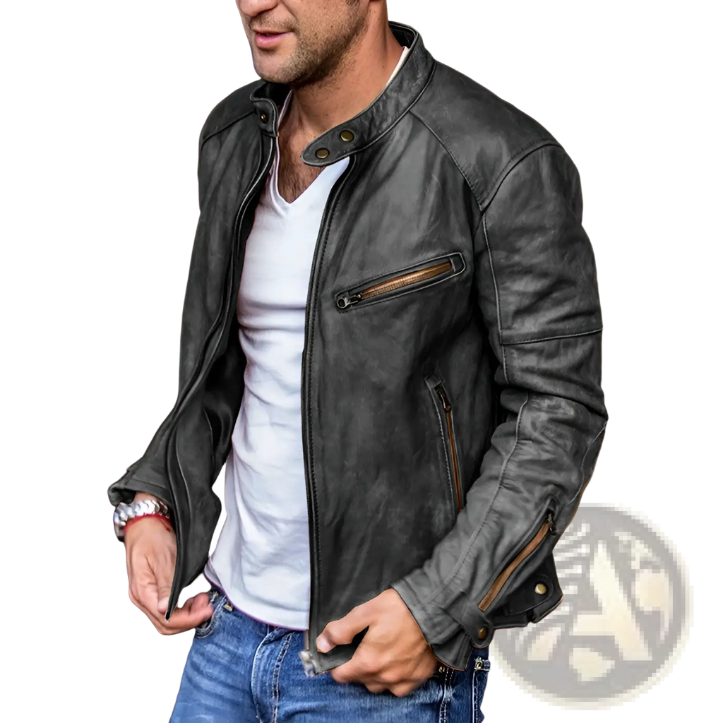 Men’s distressed pu leather motorcycle jacket in dark gray with brown zipper accents, front view