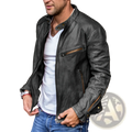 Men’s distressed pu leather motorcycle jacket in dark gray with brown zipper accents, front view