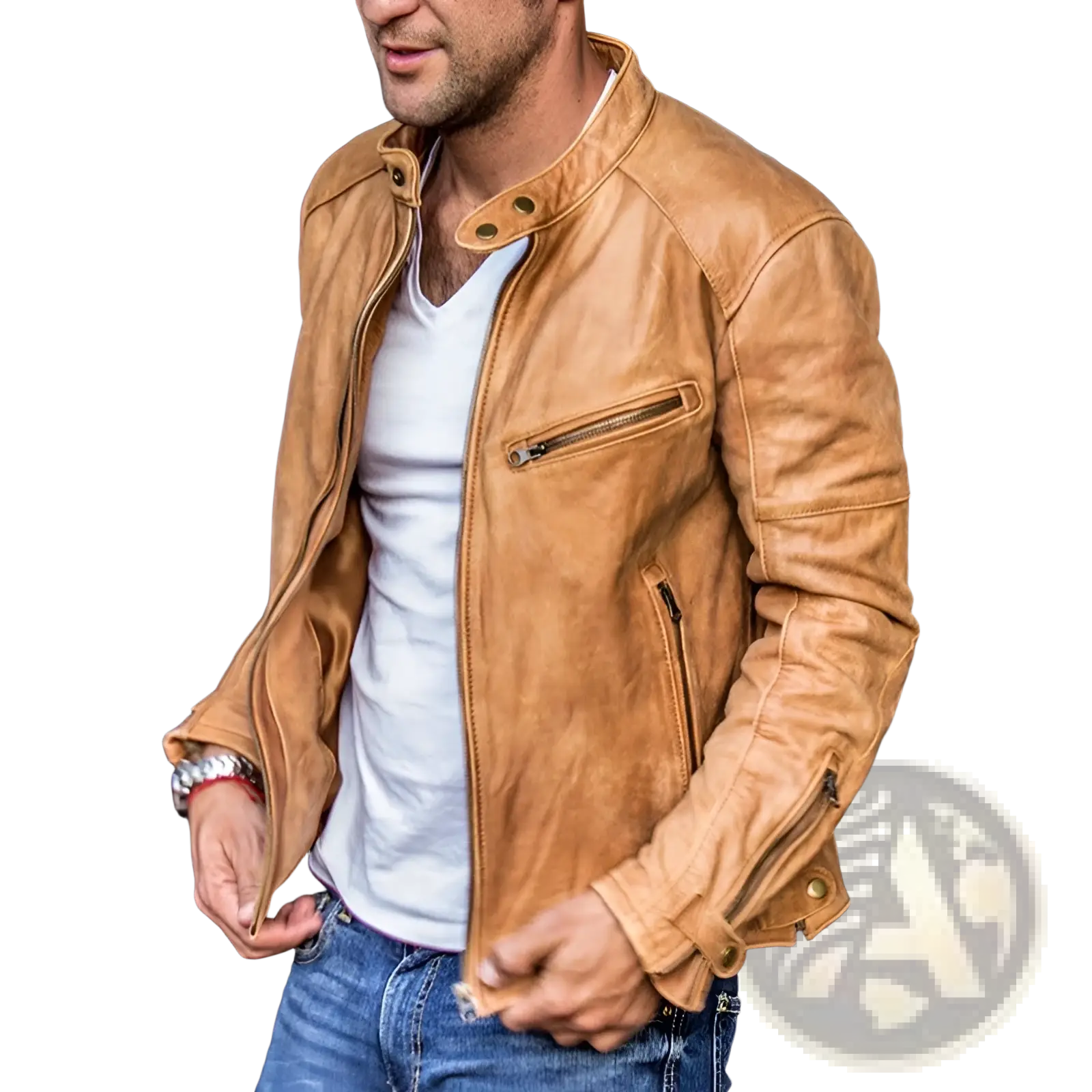Men’s distressed pu leather motorcycle jacket in tan with classic design and zipped pockets