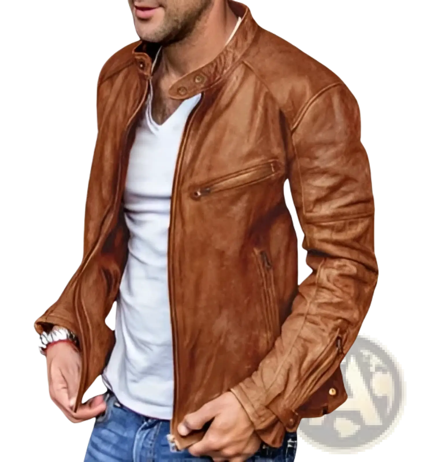 Men’s distressed brown pu leather motorcycle jacket with classic collar and front zipper closure