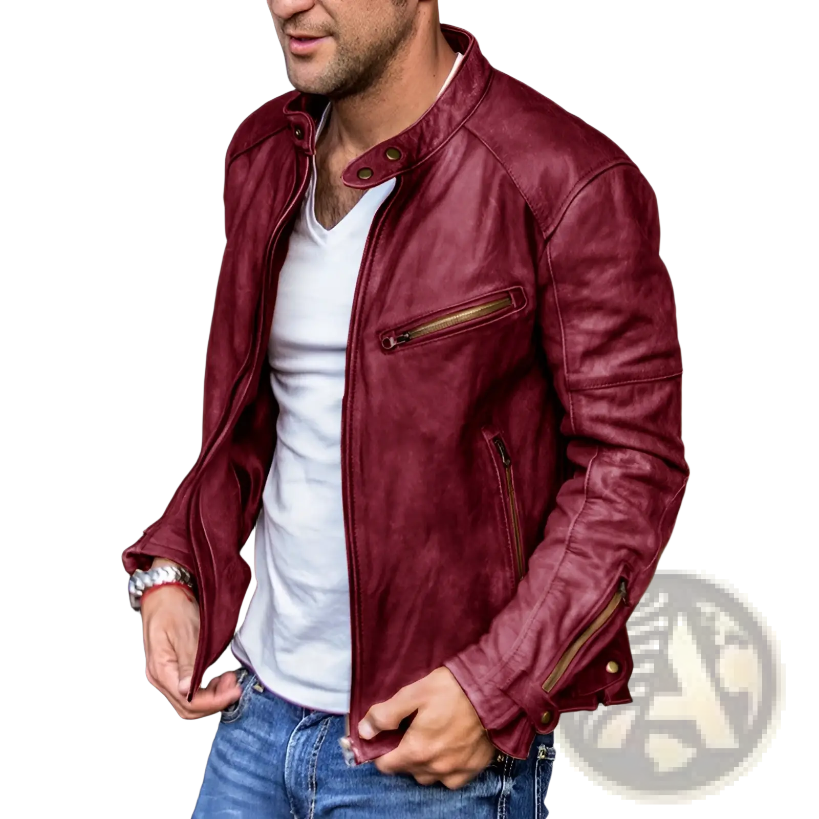 Men’s distressed pu leather motorcycle jacket in rich burgundy with gold-toned zippers and snap buttons