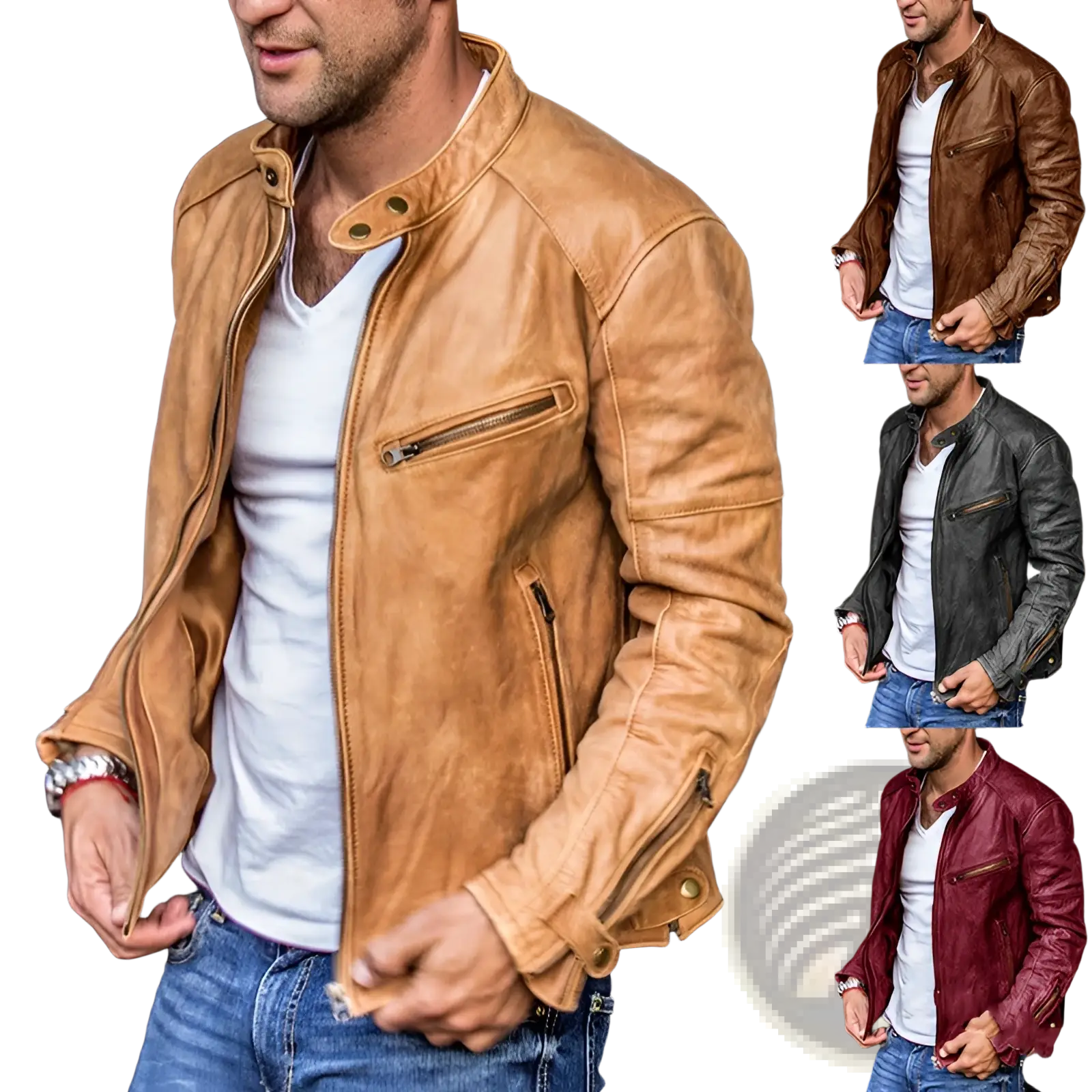 Men’s distressed pu leather motorcycle jacket in tan with classic design and zipper details for a rugged look