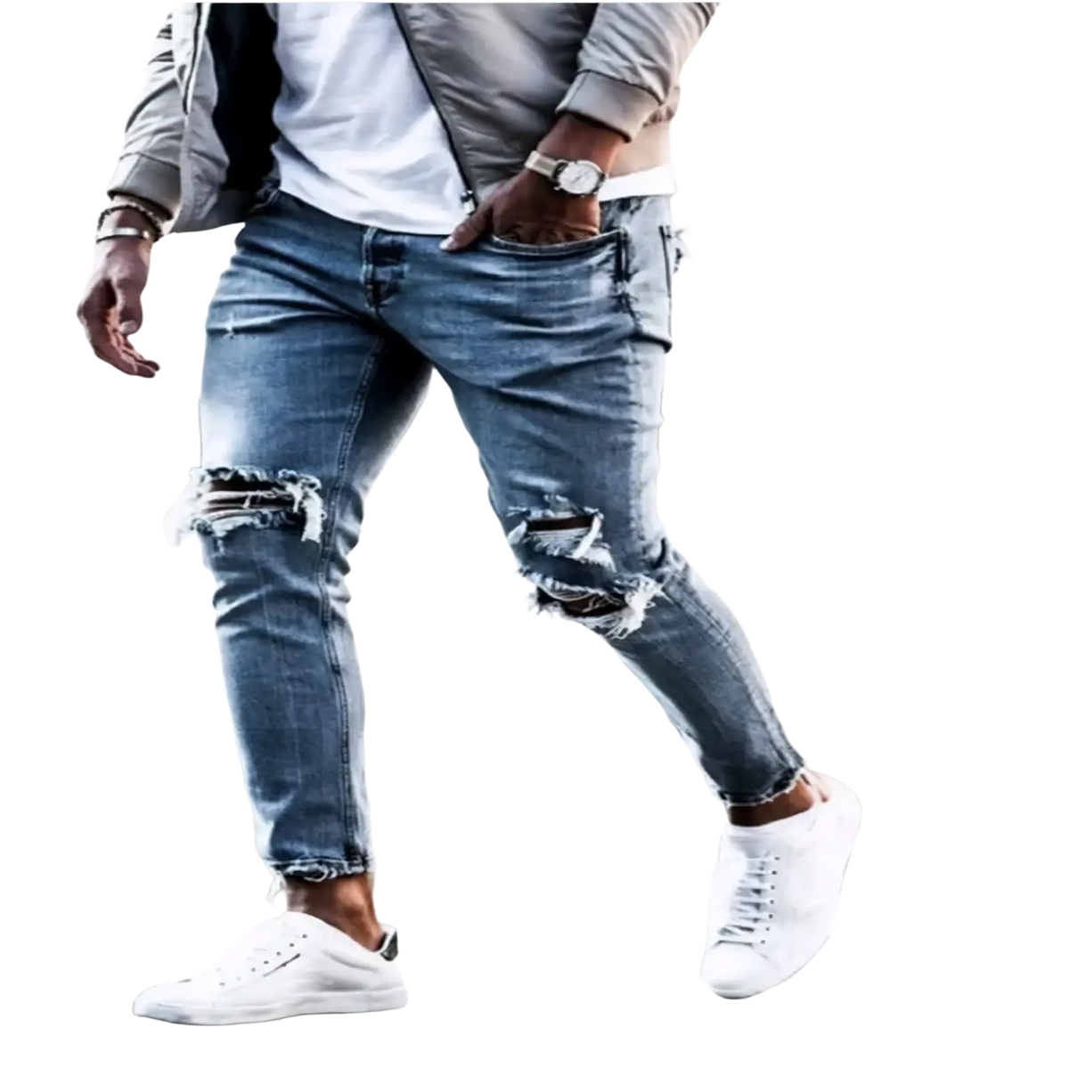 Mens distressed slim fit light wash jeans made of light blue denim with frayed ripped knees in slim fit style