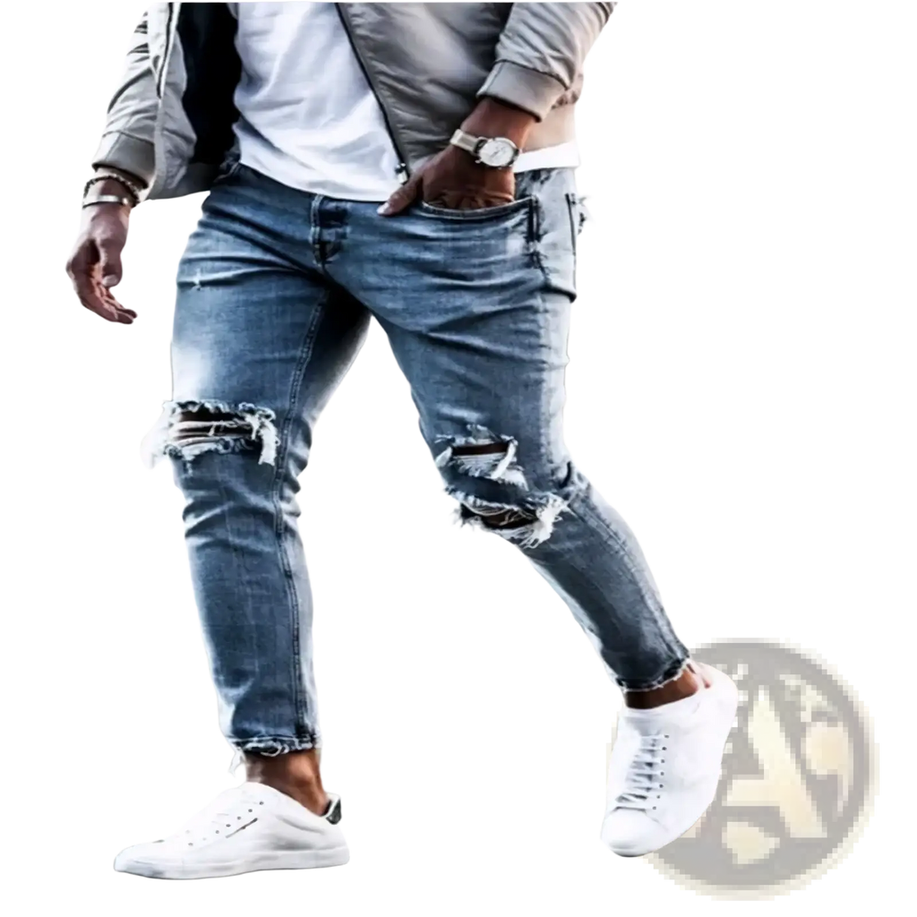 Mens distressed slim fit light wash jeans made of light blue denim with frayed ripped knees in slim fit style