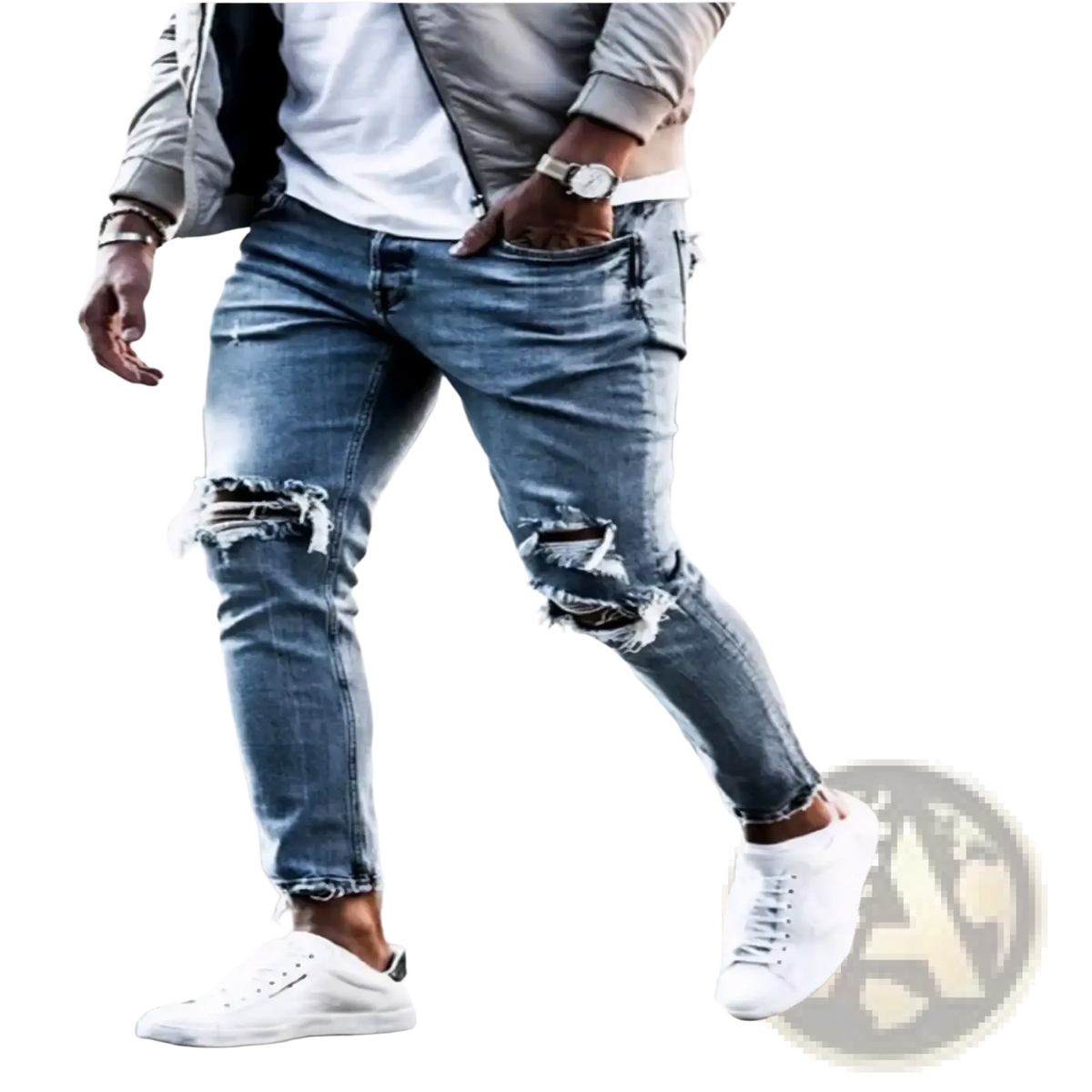 Mens distressed slim fit light wash jeans made of light blue denim with frayed ripped knees in slim fit style