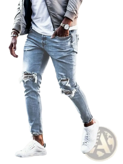 Mens distressed slim fit light wash denim jeans with frayed knee patches and a slim fit design