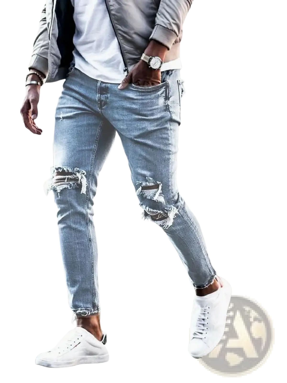 Mens distressed slim fit light wash denim jeans with frayed knee patches and a slim fit design