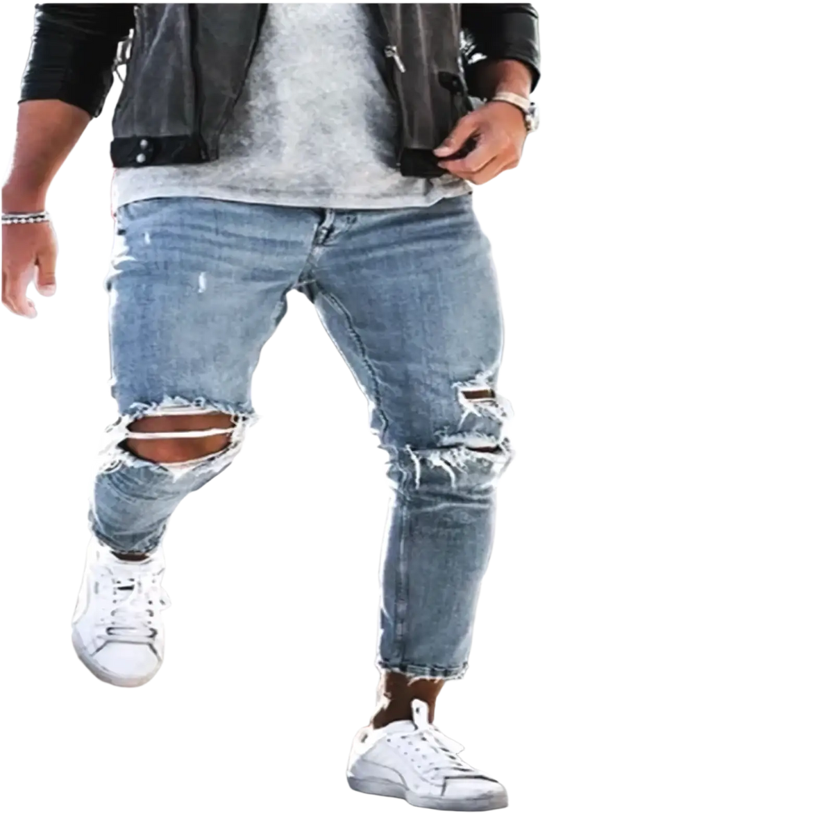 Mens distressed slim fit light wash denim jeans with ripped knees and frayed edges in a casual style