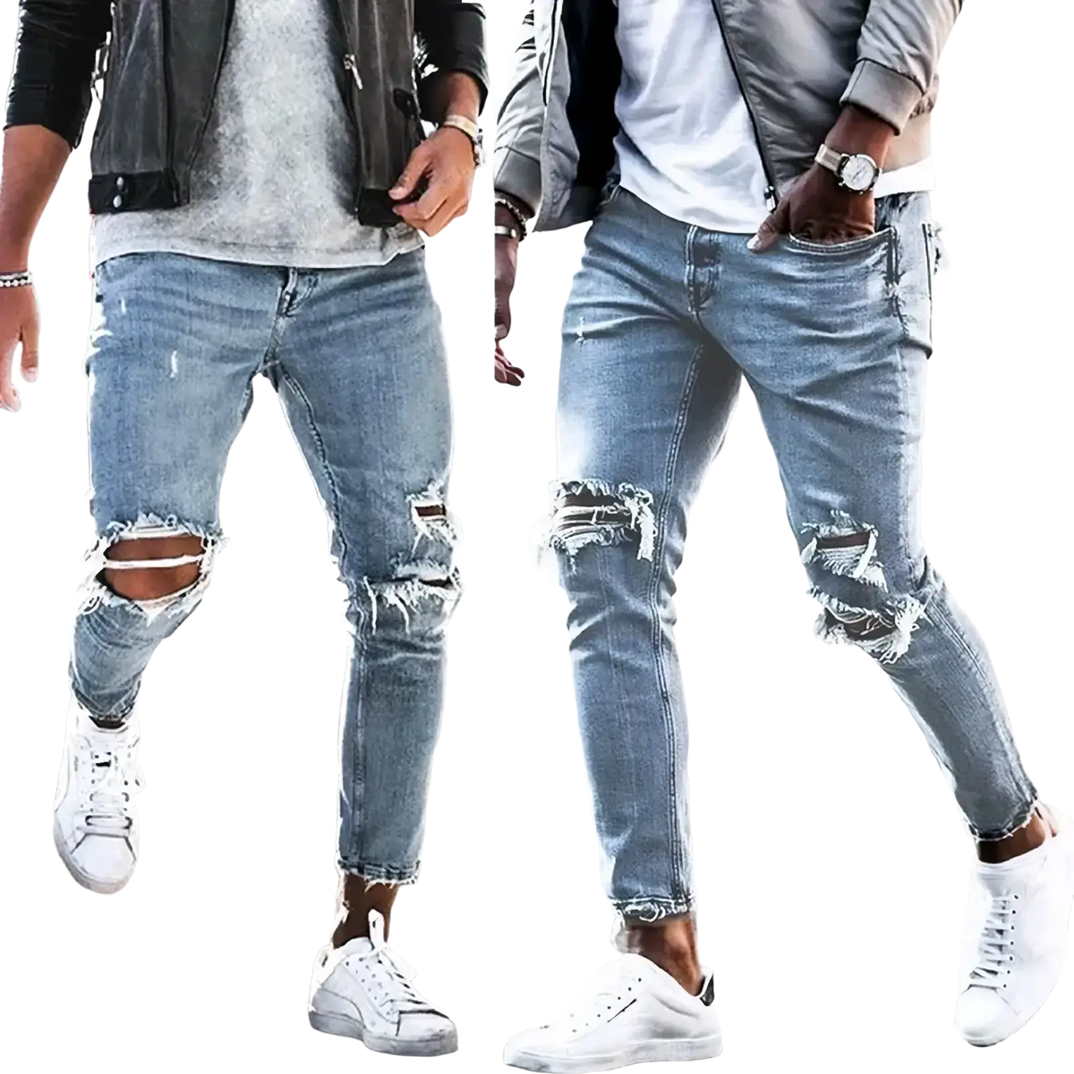 Mens distressed slim fit light wash denim jeans with ripped knees and frayed hems in light wash slim fit style