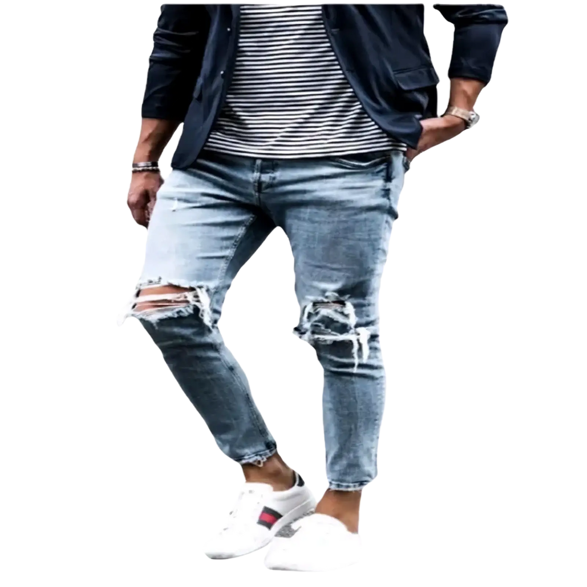 Mens distressed slim fit light wash denim jeans with ripped knees and frayed hems