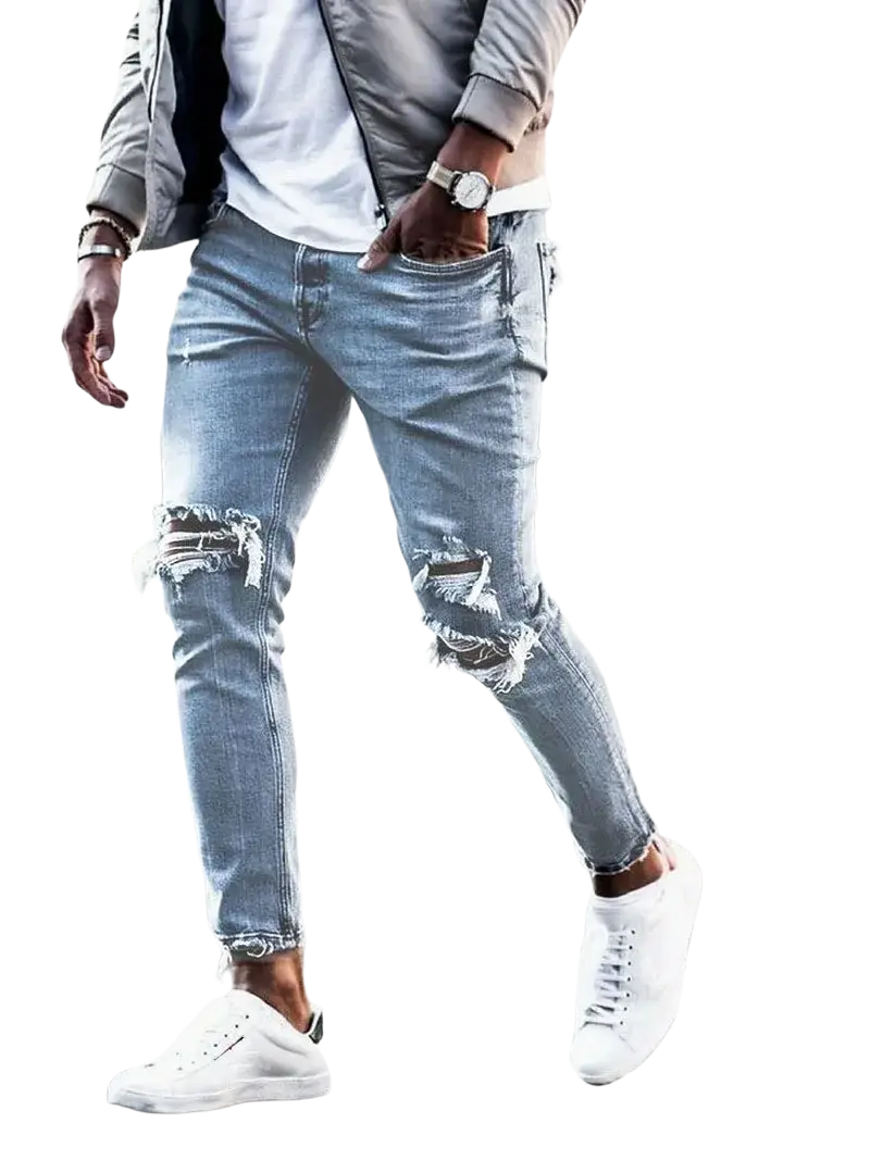 Mens distressed slim fit light wash denim jeans with frayed knee patches and a slim fit design