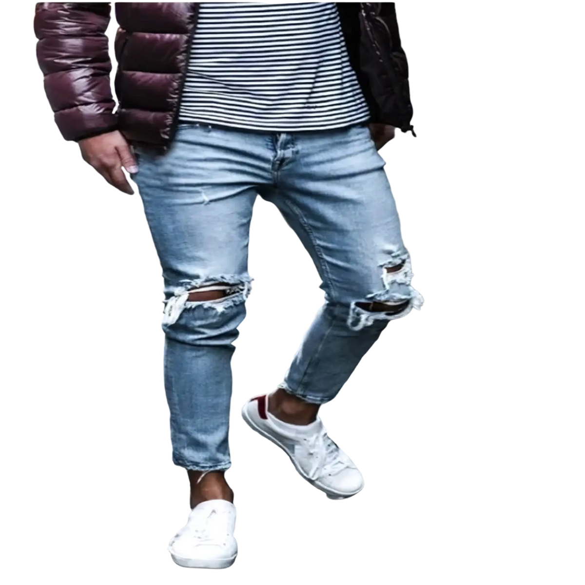 Mens distressed slim fit light wash jeans with ripped knees and frayed edges in light-wash denim fabric