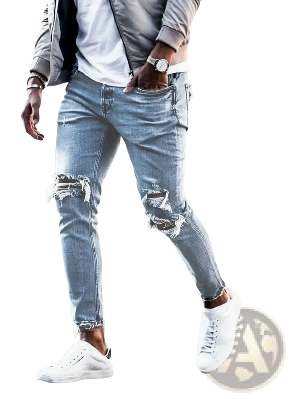 Mens distressed slim fit light wash denim jeans with frayed knee holes in a casual style