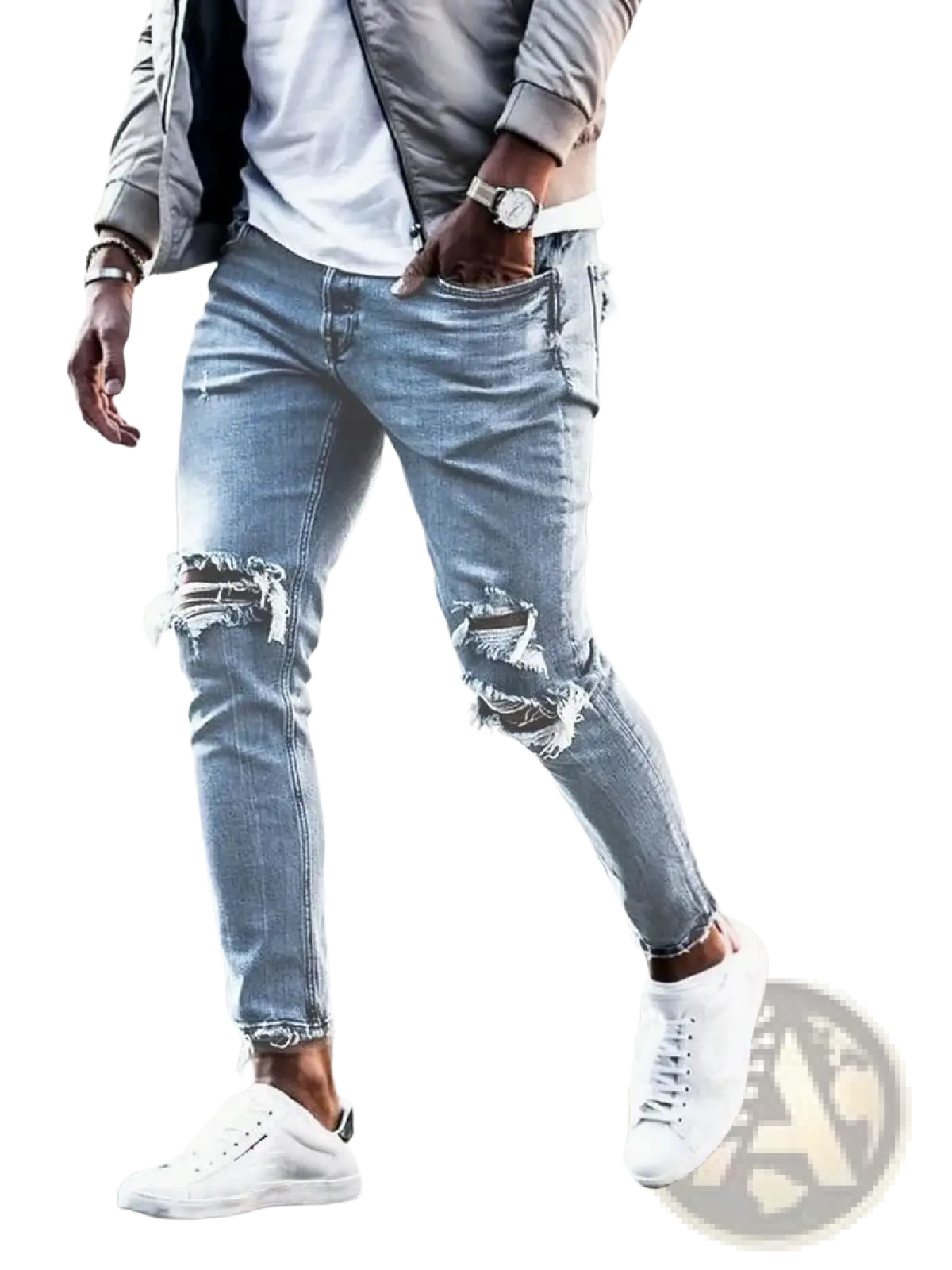 Mens distressed slim fit light wash denim jeans with frayed knee holes in a casual style