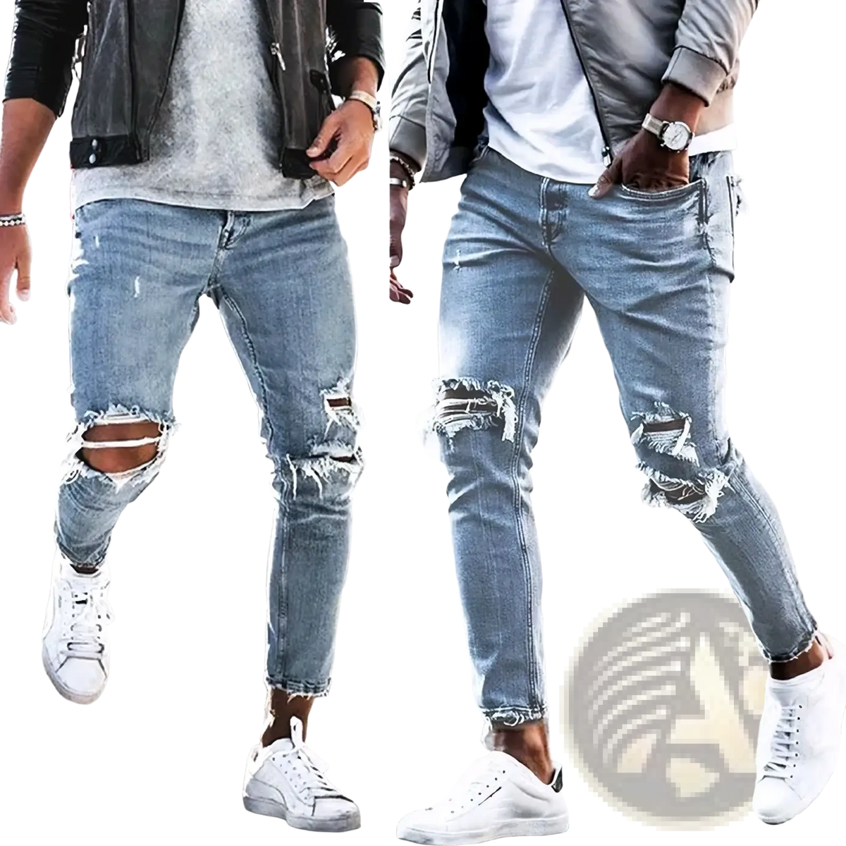 Mens distressed slim fit light wash denim jeans with ripped knees and frayed hems