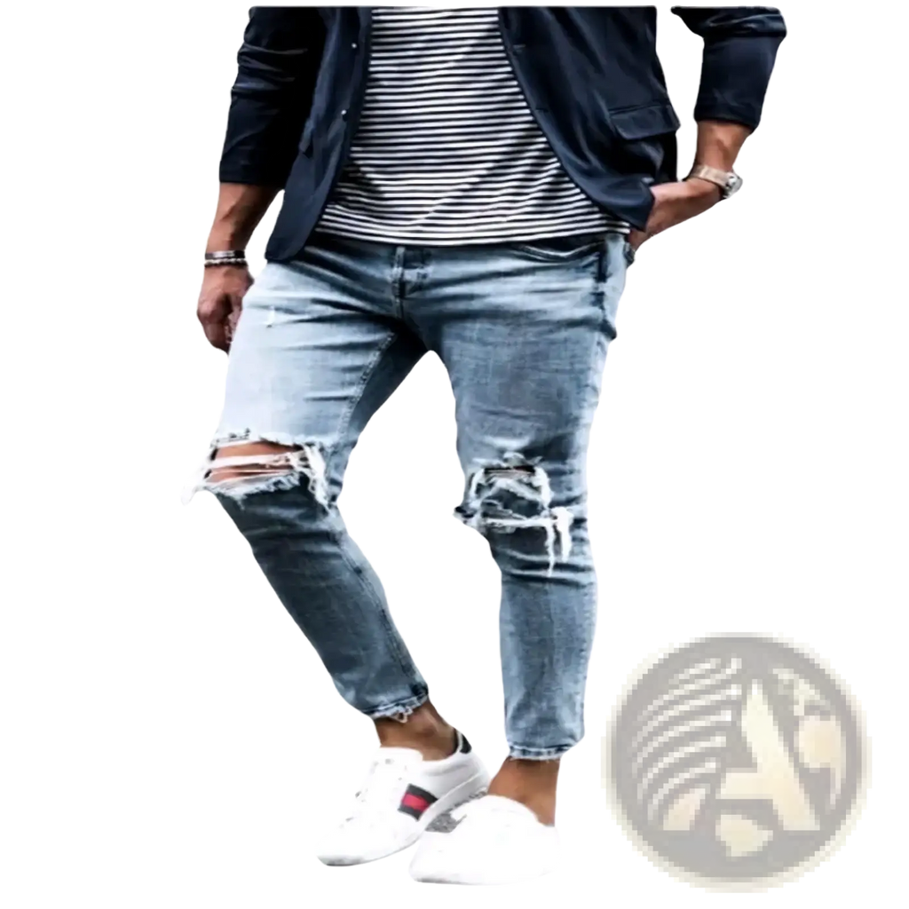 Mens distressed slim fit light wash denim jeans with ripped knees and frayed hems